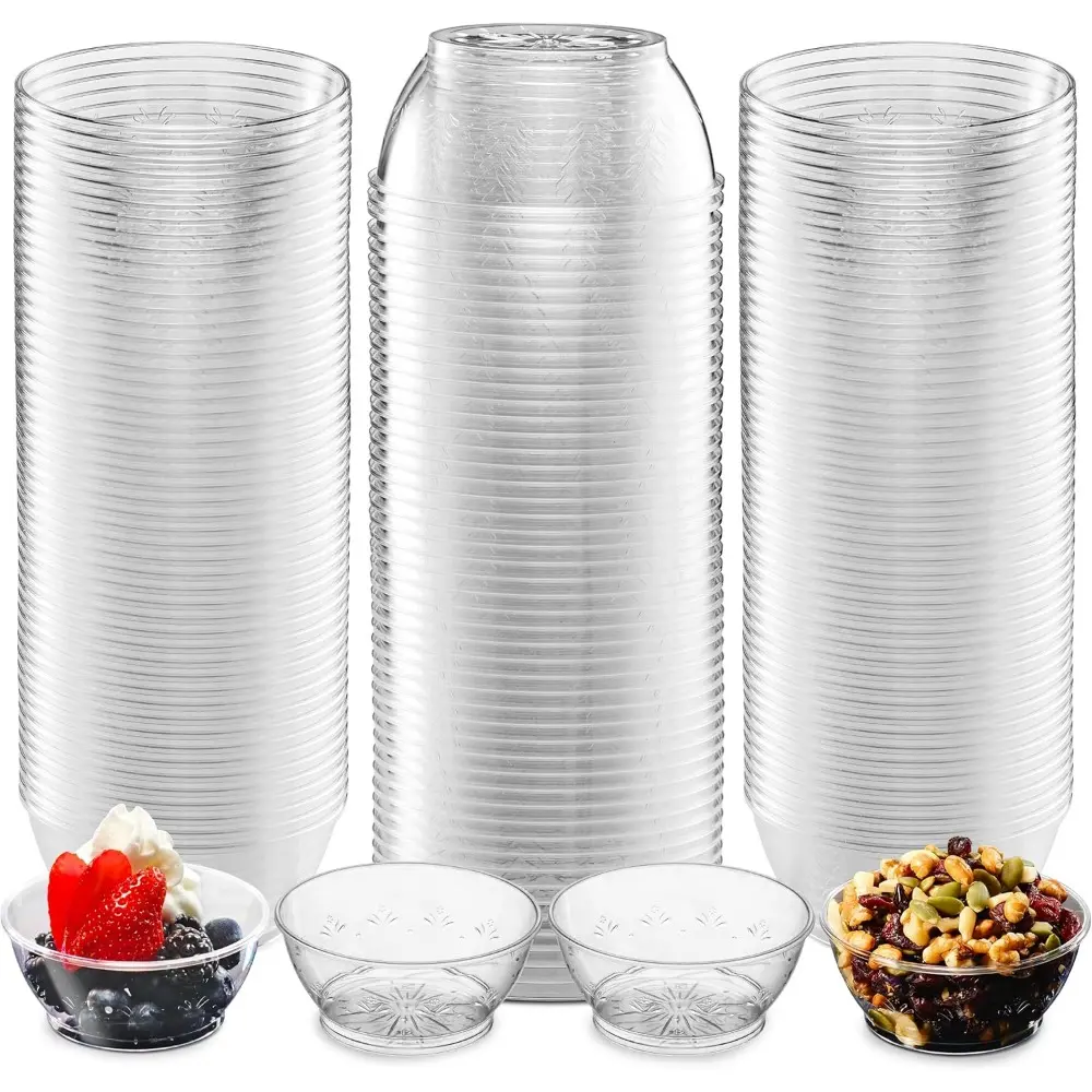 Clear Mini Plastic Bowls-100 Pack 6 Oz Disposable Hard Plastic Dessert Bowls for Serving, Weddings, Catering, Parties, Salsa, Home or Event Party Supplies
