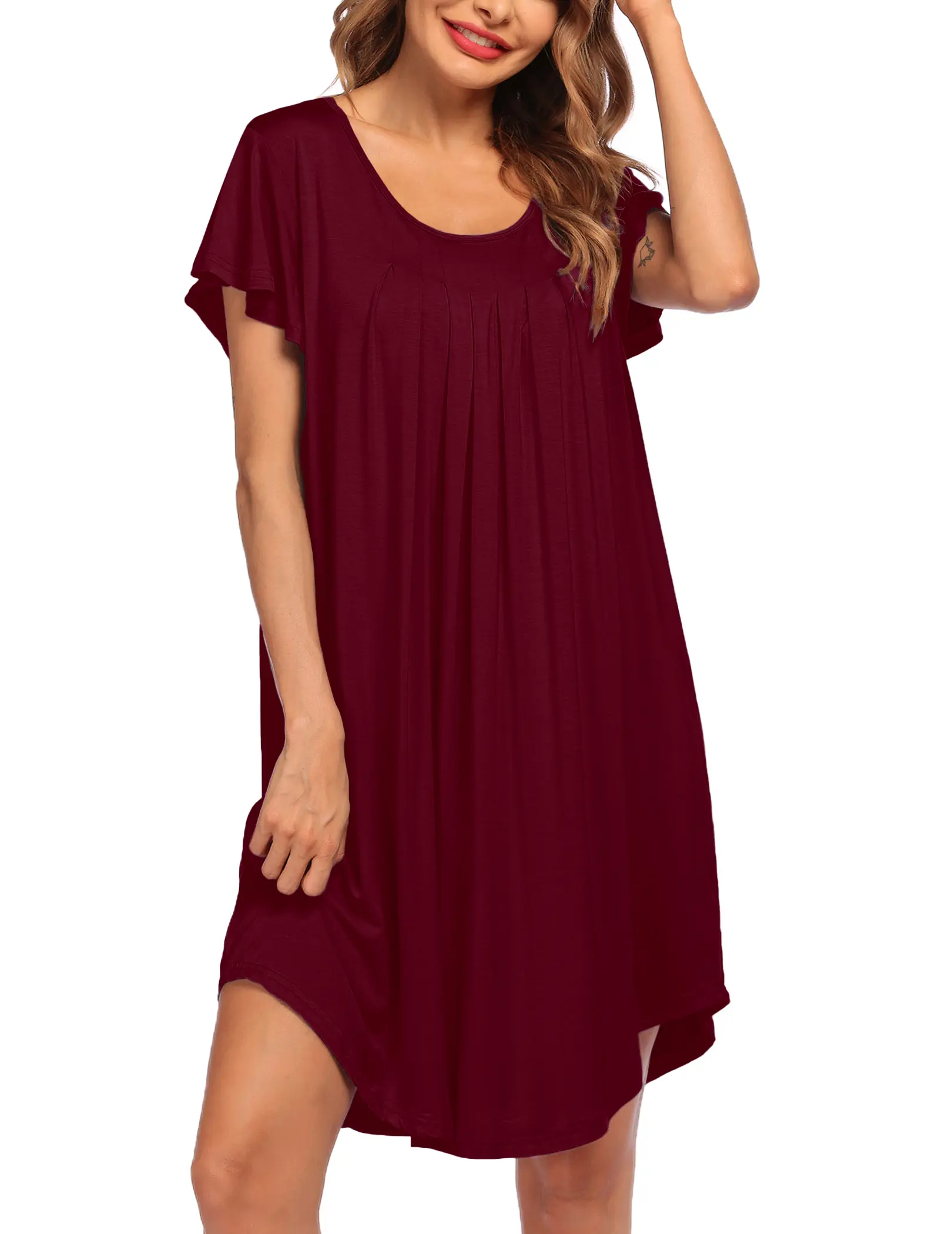Ekouaer Women's Round Neck Short-Sleeve Pleated Nightgown - Soft, Stretchy, Casual Fabric Nightie, Maternity Night Gown for Women, Ideal for Pregnant Wives, Hospital Use, Baby Shower Gift, Sleep, Wife, Birthday, Fashion Apparel, Above Knee, Birthday Gifti