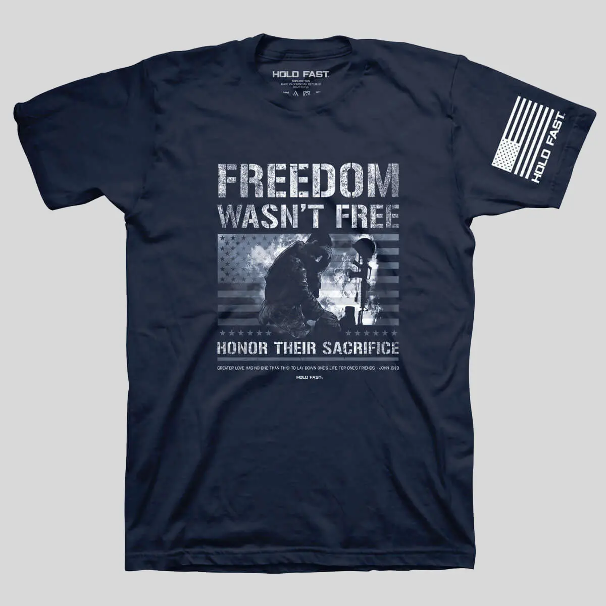 Men's Patriotic Military Theme Graphic T-Shirt, 'No Greater Love' John 15:13 Quote, Short Sleeve Semi-Fitted Ringspun Cotton, Tops