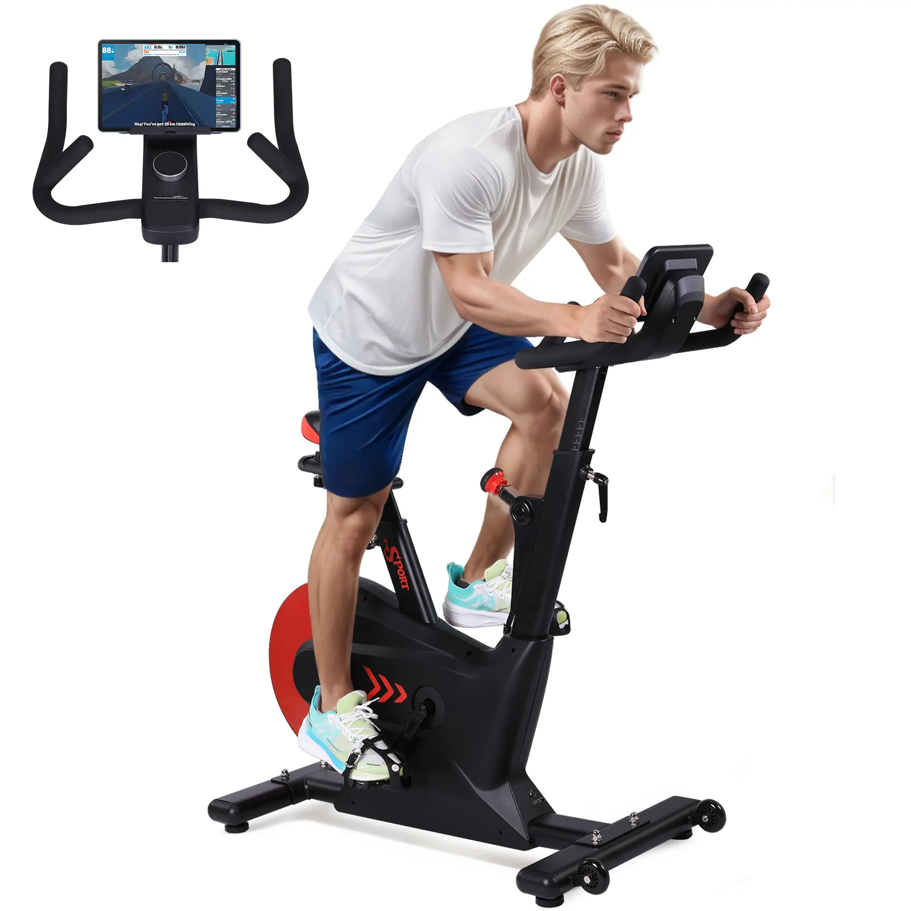 Adjustable Resistance Quiet Electromagnetic Exercise Bike - 24 Lbs Flywheel, Smart Knob Control, Dual-Triangle Stability Frame, LCD & App Compatible - Black/Red for Home Gym, Apartment Cardio Workouts, Adjustable Resistance Exercise Bikes