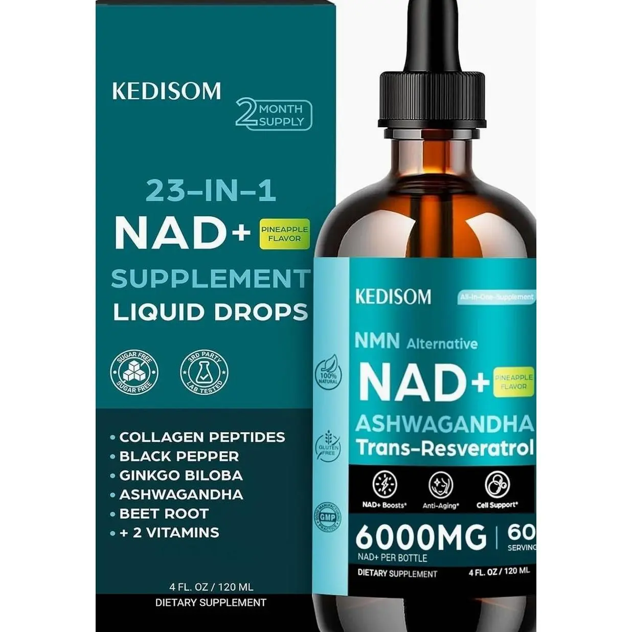 23-in-1 Liposomal NAD Supplement - NAD+ Liquid Drops with Resveratrol, Black Pepper Extract - Support Anti-Aging, Brain & Cellular Mitochondrial Health - 4 Fl Oz, Pineapple Flavor