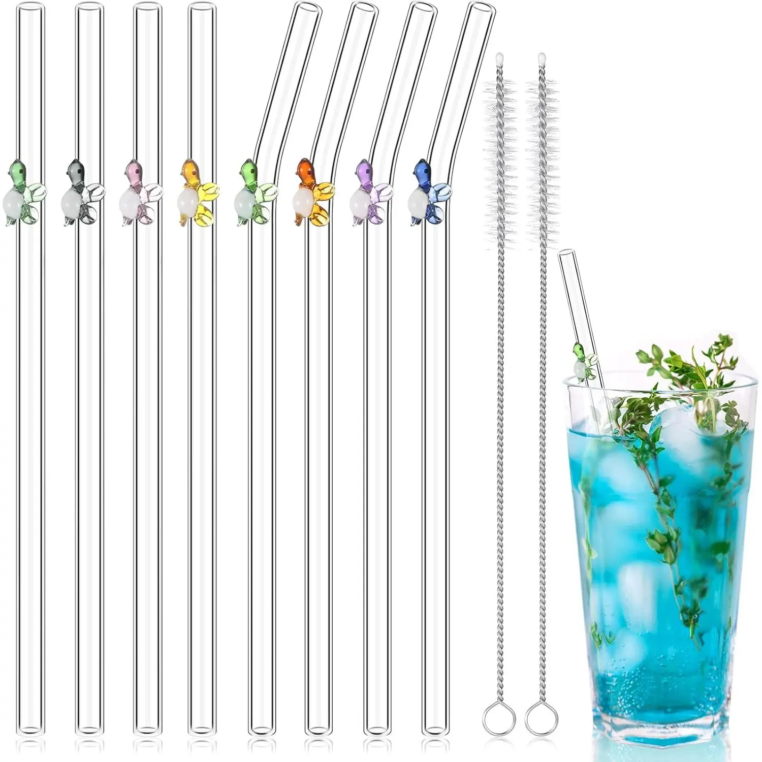 8 count  Glass Straws Shatter Resistant Straws with Design Colorful Cute 8'' Bend Drinking Glass Suction Tubes for  Coffee Juice Beverage with 2 Cleaning Brushes (Turtle)