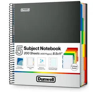 Subject Notebook, College Ruled, Colorful Movable Pocket Dividers with Tabs, Front/Back Plastic Covers, 200 Sheets (400 Pages) of 3-Hole Punch Perforated 8.5x11 Paper