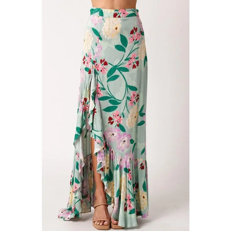 Hildee Floral Cascading Ruffle Maxi Skirt - Sage Floral