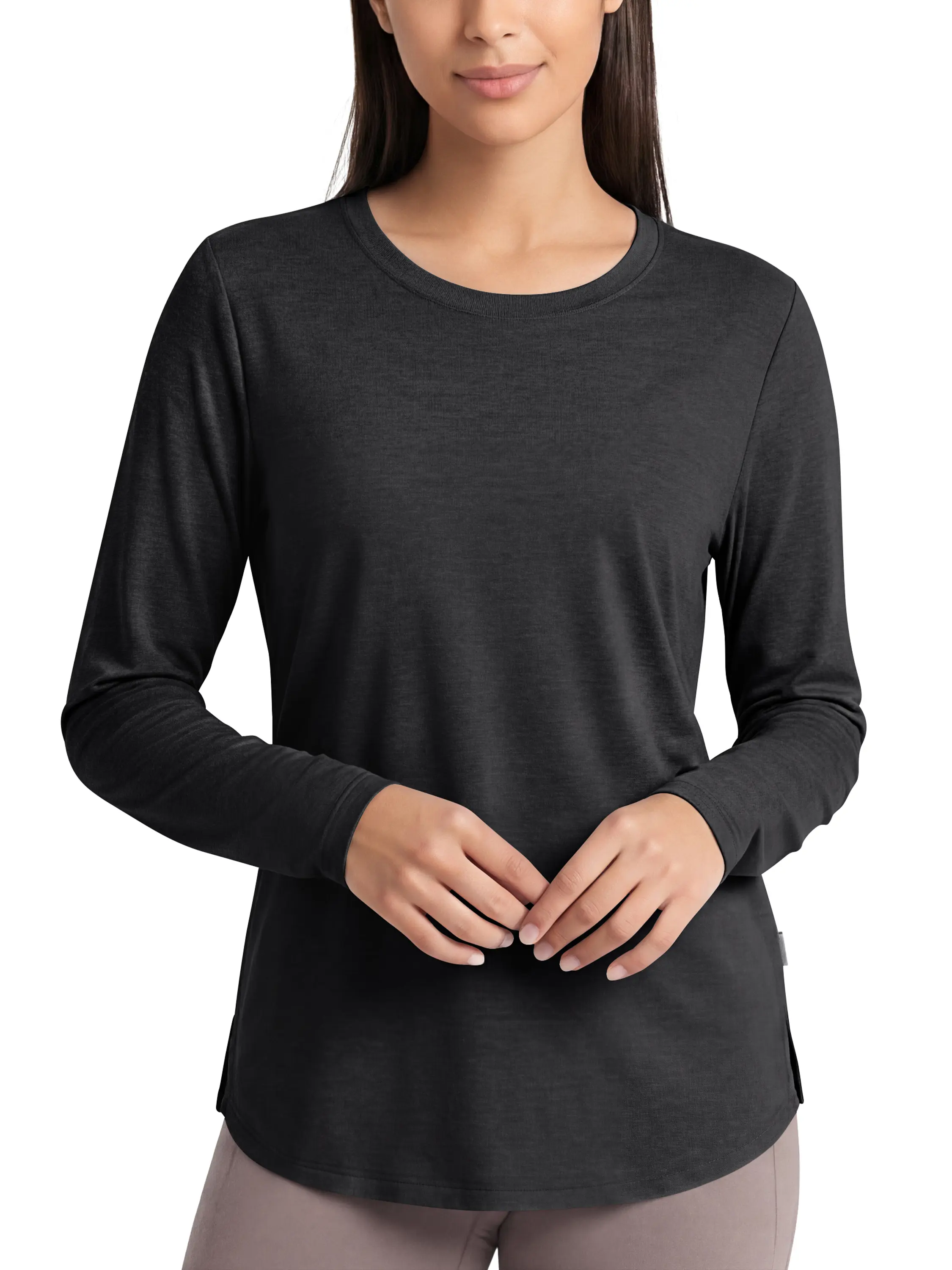 ODODOS Women's Long Sleeve Relaxed Cut Athletic Tee - Ultra Soft odSTRATUM Tech Crew Neck, Elastane, Solid Plain, Side Slit, Outdoors Performance Tunic Top, Side Slits, Upf 50+, Tailored Sleeves, Full Length, Anti-Pilling, Blocks Harmful Uv Rays, Long Sle