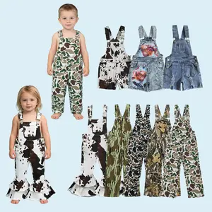 Cow print ruffle bell bottom girls denim overalls