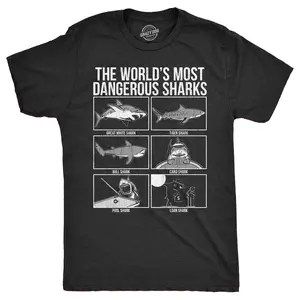 Mens The Worlds Most Dangerous Sharks T Shirt Funny Card Pool Loan Shark Joke Tee for Guys Mens Funny T Shirts Cool Vintage Fashion T-Shirt Gift Classic Menswear Sarcastic Apparel for Men Funny Animal Short Black -