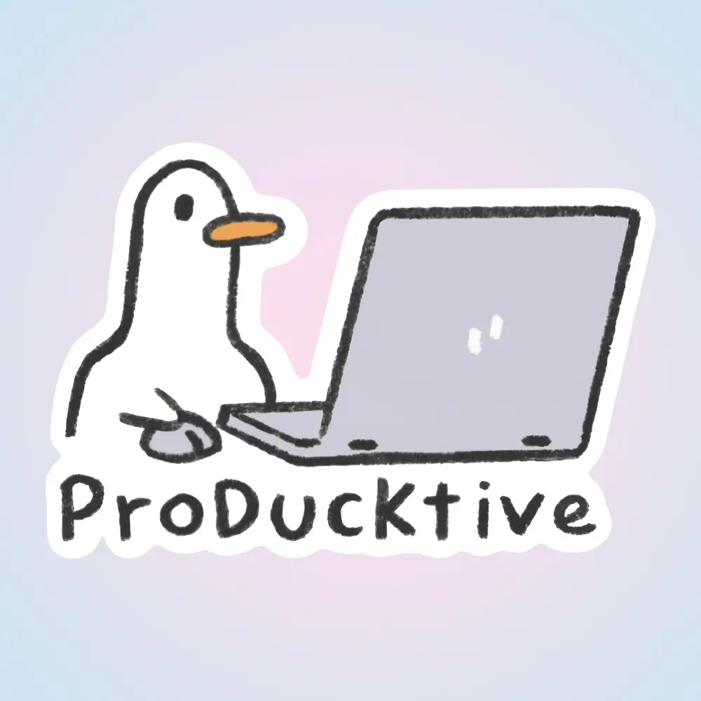 Cute Productive Duck Laptop Sticker, Glossy Waterproof Decal, Easy Peel No Residue, Funny Office Workspace Decor for MacBook Notebook