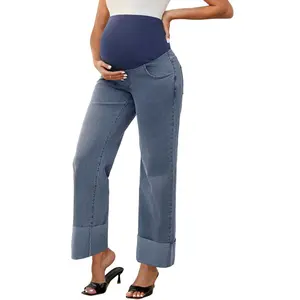 INSPIRE CHIC Women's Pregnant Cuffed Hem High Rise Straight Leg Denim Maternity Jeans Pant Medium Retro Blue