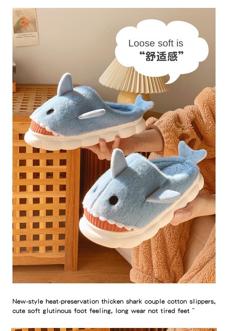 Cotton Slippers for Women Winter  Shark Cartoon Cute Fleece Lined Thick Anti-Slip Quiet Indoor Warm Cotton Shoes