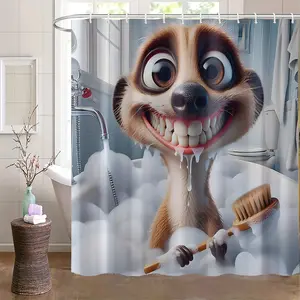 Funny Cat Shower Curtain Set, Boy Riding Dinosaur Design, Wall-Mounted Bathroom Decor, Includes Hooks & Sea Wave Pattern, Perfect Gift