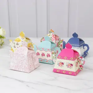 24 Pack Party Favor Boxes in Mixed Vintage Floral Tea Pot Design - Elegant Cardboard Paper Gift Boxes for Weddings & Baby Showers - 5"x4"