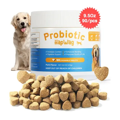 HAPWAG 8-in-1 Probiotics Canine Nutritional Supplement - Pork Flavor, 90 Hypoallergenic Chewables, All Ages Dog Treats, Fructooligosaccharides, Krill Oil, Digestion & Gut Health Support, Immune Booster, Premium Ingredients, 24-Month Shelf Life