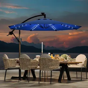 GARVEE 10FT offset patio umbrella with solar lights, 32 LED Lights patio umbrella with Infinite Tilt and Cross Base for 2-6 People, Fade Resistant Canopy for Deck Pool Garden Backyard, Navy Blue