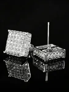 Trendy Gold and Silver Color Hyper-Bright Full Diamond AAA Grade 3D Zircon Micro-Set Square Hip-Hop Earrings