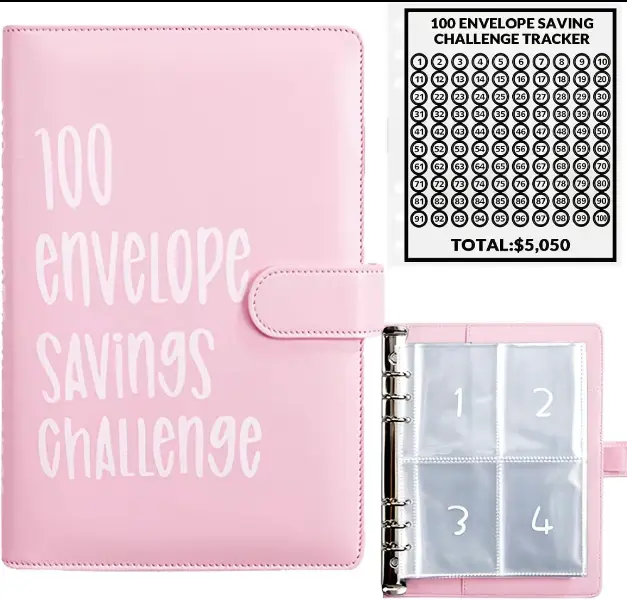 100 Envelopes Money Saving Challenge - A5 Money Saver Budget Binder Book with Cash Envelopes and Numbers, 100-Days of Easy and Funny Ways to Save $5,050 Cash Envelope Challenge Binder, Pink