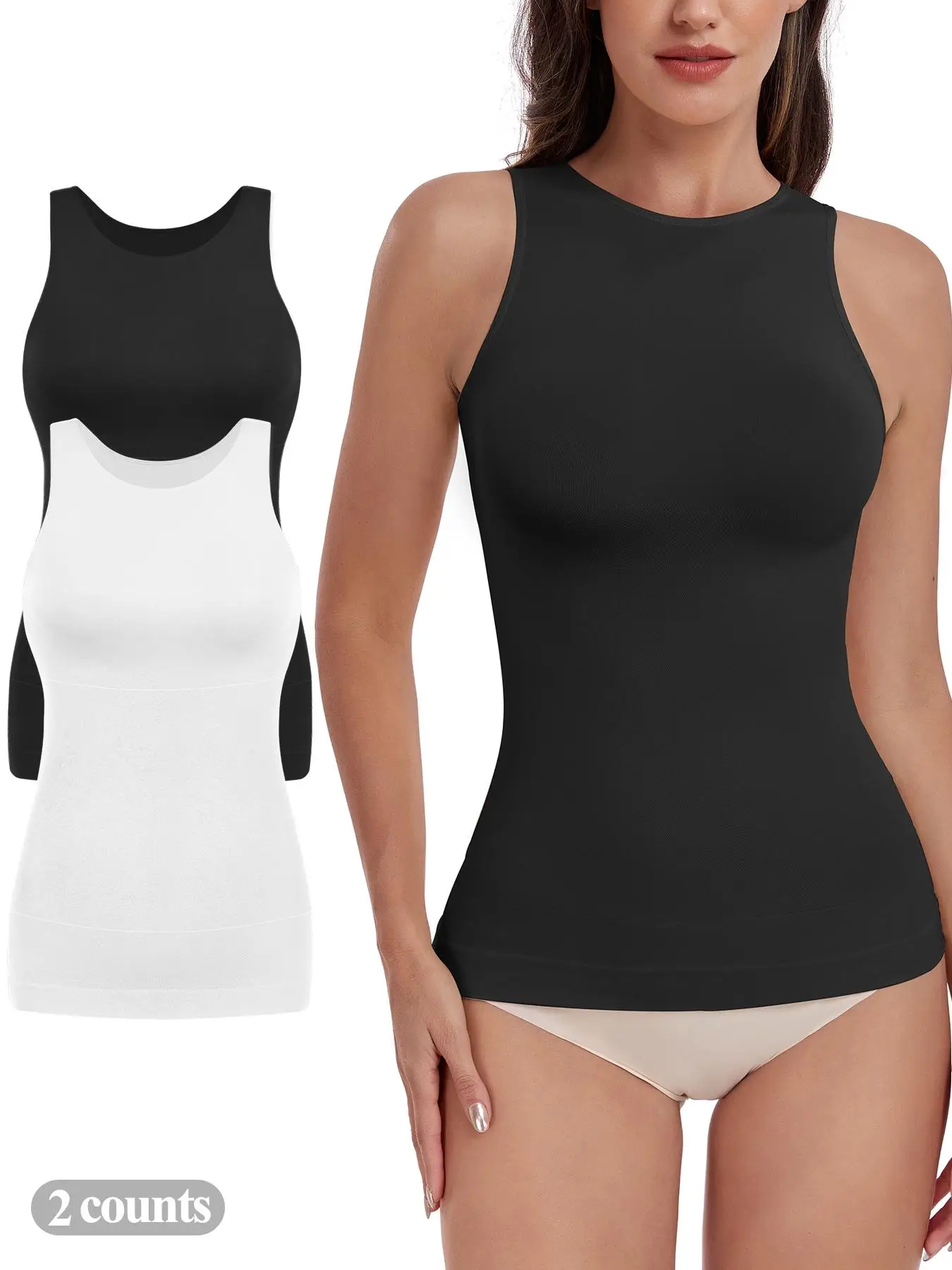 Women's Seamless Shapewear Tank Tops, 1/2/3 Pack, Round Neck Strapless Slim Fit Compression Belly Control, Casual All Season Wear