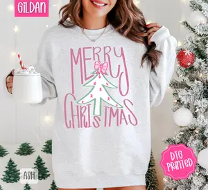 Preppy Merry Christmas Sweatshirt, Trendy Women's Holiday Crewneck
