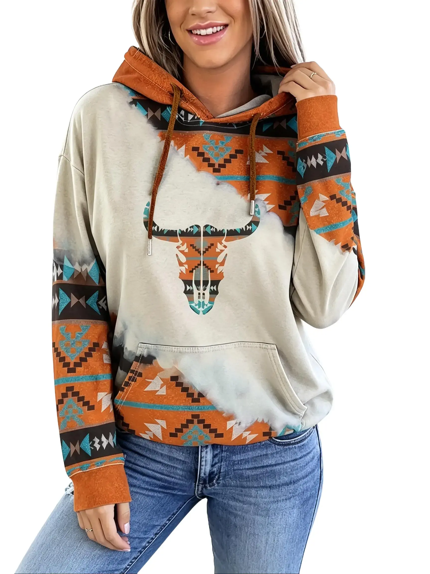 Women's Aztec Highland Bull Head Graphic Hoodies Pullover Cowgirl Western Hooded Sweatshirt Crewneck Sweatshirt Comfort Hoodie