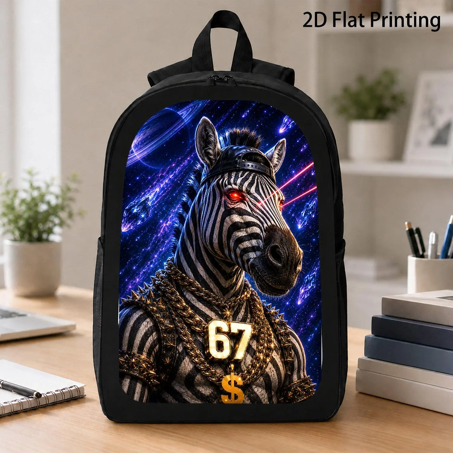 [17 Inch Backpack] Planet Space Gangster Zebra Wearing Cap Gold Spiked Chains Number 67 Red Laser Eyes Crystal Nebula Backpack Viral Striped Animal Print Lightweight School Backpack