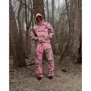 Y2K Retro Zip Up Hoodie Pink Branch Camo Print Pattern Sweatshirt Streetwear Harajuku Trendy Casual Camouflage Unisex Boxy Coat