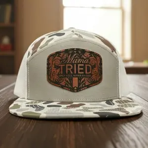 Mama Tried Flat Bill Trucker Hat 2026 – Duck Camo Mom Snapback with Tooled Leather Patch – Trendy Outdoor Cap & Perfect Mother’s Day Gift