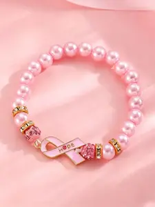 Pink Hope Ribbon Awareness Bracelet - Breast Cancer Support Pearl Beaded Stretch Bracelet