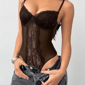 Women's Minimalist Adjustable Strap Lace Semi-Sheer Bodysuit, Summer Breathable Figure-Hugging Shapewear