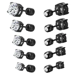 MDFUN 5 Pairs 316L Square Screw Back Stud Earrings Set, Hypoallergenic Cubic Zirconia Surgical Stainless Steel Round Cut CZ Stud Earring for Women and Men 3-7mm