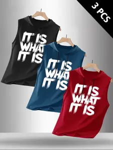 Men's 3-Piece Letter Pattern Hooded Sleeveless T-Shirt Set, Casual Comfortable Hoodie Vest for Summer Outdoor Fitness