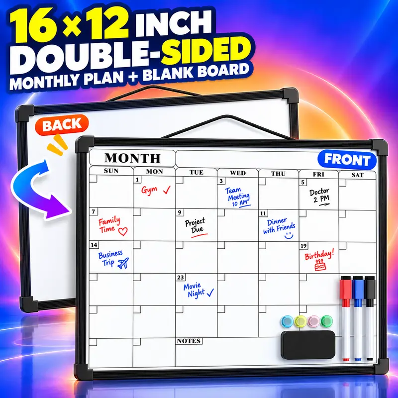 MaxGear 16 x 12 Inch Double-Sided Monthly Dry Erase Calendar   Whiteboard, Small Hanging Whiteboard Wall Calendar    board   Planner with Rope, Markers & Magnets for Home, Office, School