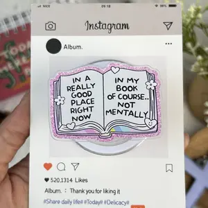 Pink Glitter Bookish Phone Stand - In My Book Of Course Not Mentally Quote - Funny Sarcastic Mental Health Accessory - Relatable Gift for Students and Readers - Trendy Aesthetic Phone Grip Holder