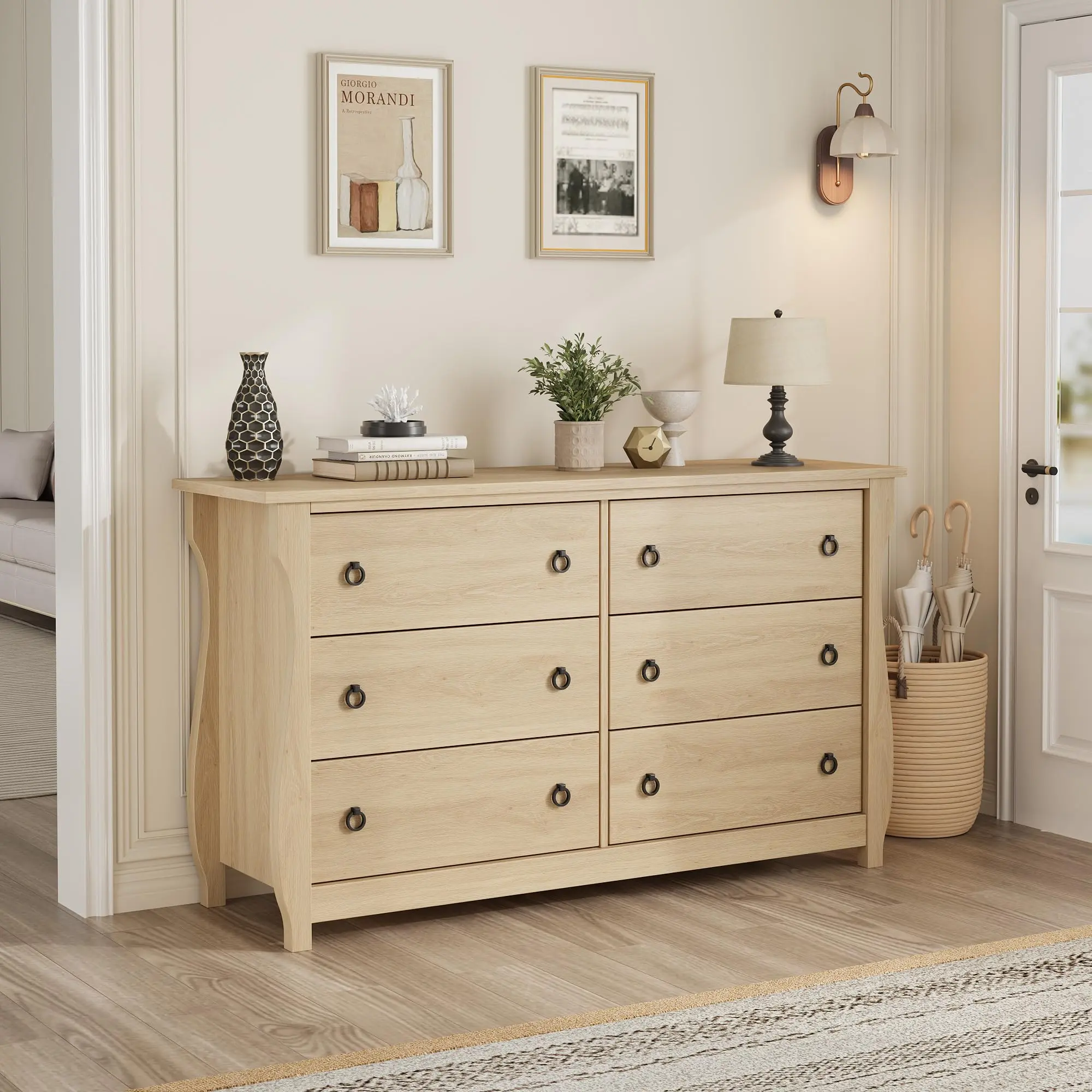 54 inch wide freestanding oak dresser with seven drawers. Sufficient storage space fits various household scenes perfectly.