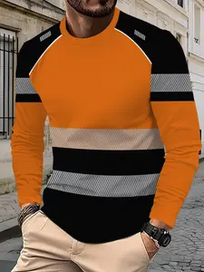 Men's Colorblock Striped Geometric Long Sleeve Classic T-Shirt, Casual Fitted Round Neck Top, Spring & Fall Fashion, Breathable Streetwear