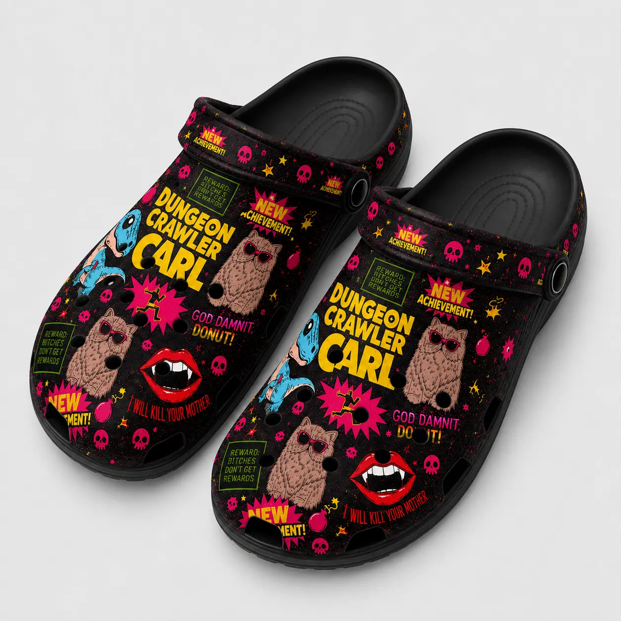 Dungeon Crawler Carl Clogs | Princess Donut & Mongo Slip-on Shoes | LitRPG BookTok Fan Merch | Funny Neon Goth Graphic Footwear | Ultimate Geeky Gift for Sci-Fi Fantasy Audiobook Lovers