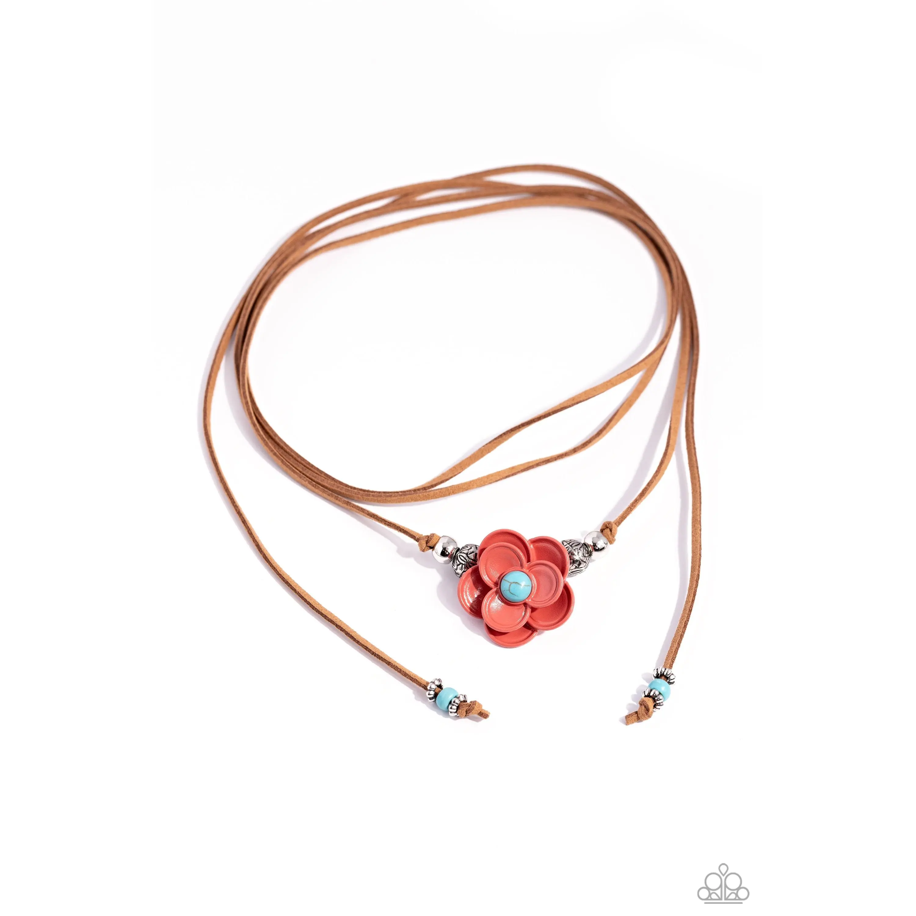 Wanderlust Wrap - Blue Turquoise Orange Flower Brown Cord Tie Choker Necklace - Paparazzi