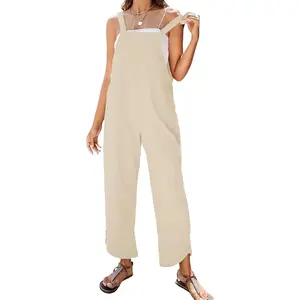 Women Summer Sleeveless Cotton Linen Bib Overalls Tulip Baggy Capri Jumpsuits with Pockets Soft