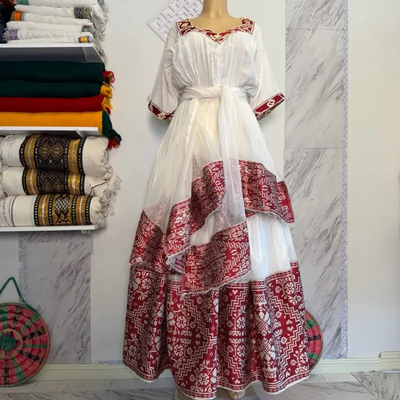 Ethiopia Traditional Dress Habsha Dress with Red and White Patterns