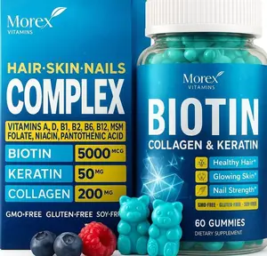 Biotin Gummies with Collagen & Keratin - Hair Growth Support, Skin and Nail Strength Vitamins for Women & Men - Vitamin B7 + B-Complex, MSM, Bamboo Extract - Beauty Chew Supplement - 60 Gummy Bears