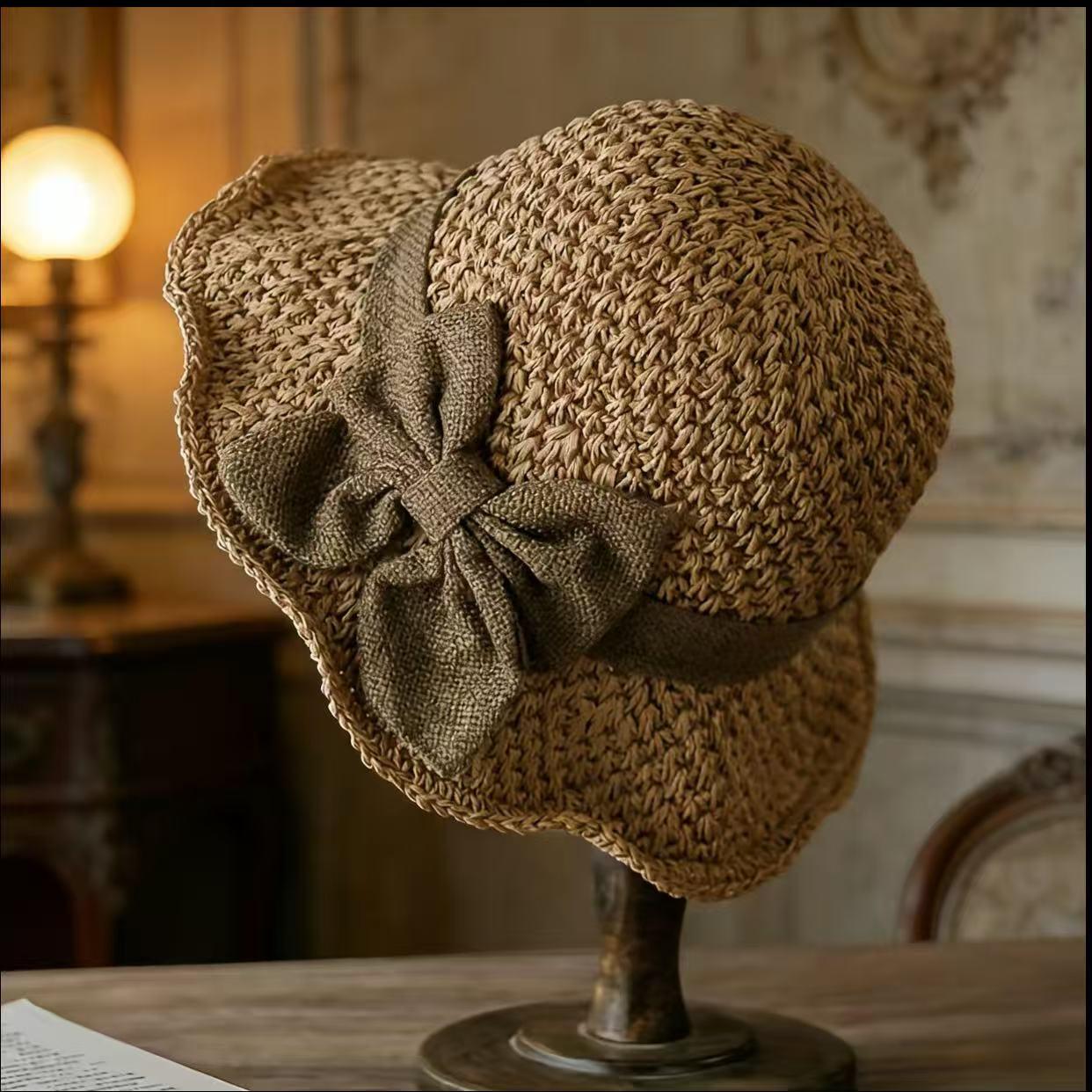 Versatile retro woven handmade straw hat withruffled bow, elegant French sun hat, foldable,breathable travel beach hat.Folds compact for easy portability.