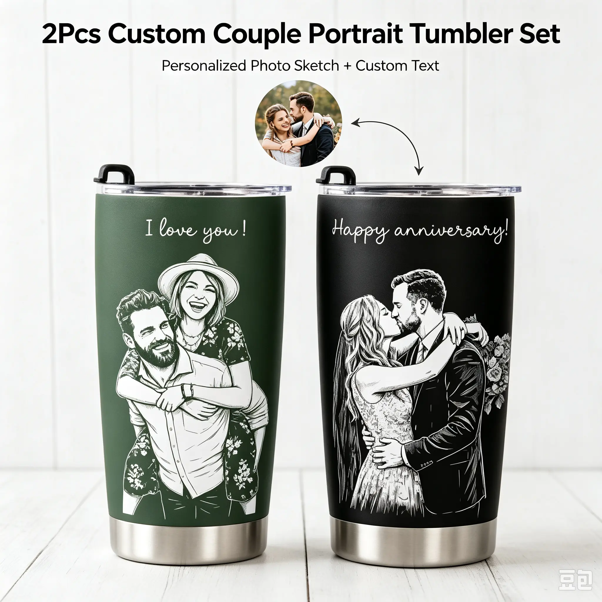 2Pcs 20oz Custom Couple Photo Sketch Tumbler Set, Personalized Line Art Portrait Tumbler for Him & Her, Custom Anniversary Wedding Gift Tumbler, Send Your Photos & Custom Text via Shop Chat