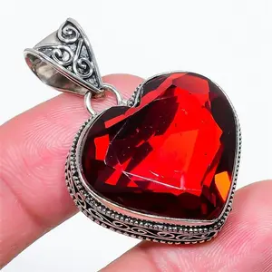 Mozambique Garnet Heart Shape Gemstone 925 Sterling Silver Vintage Pendant 1.90"