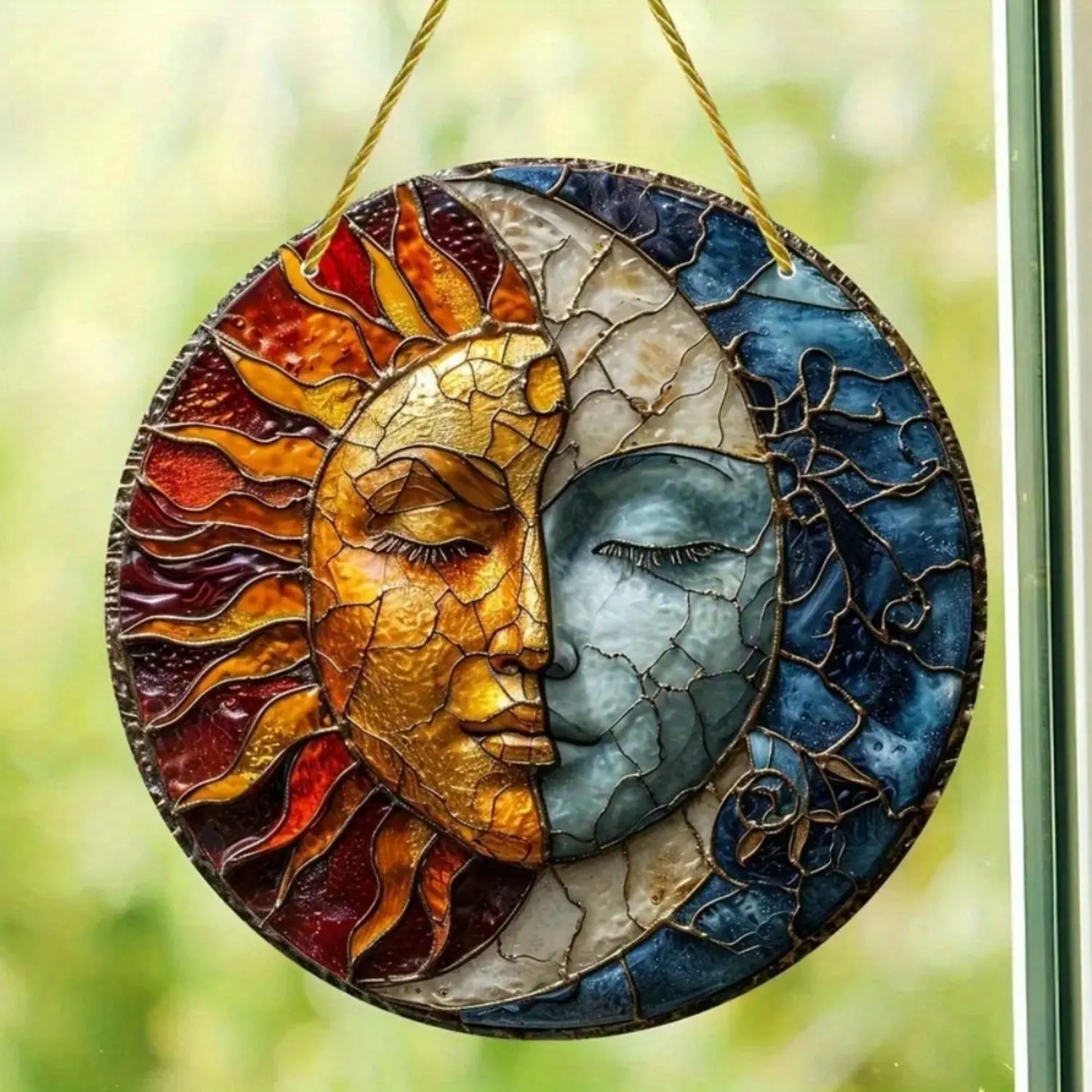 Acrylic Yin Yang Sun Catcher | Sun & Moon God Stained Pattern + Round Wreath Welcome Sign, Colorful Garden Window Hanging, Ideal Gift For Family Friends