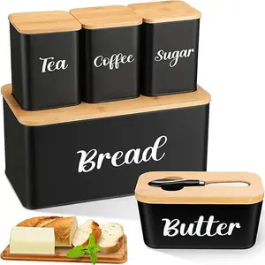 Metal Bread Box and Ceramic Butter Dish with 3 Airtight Kitchen Canisters Farmhouse Storage Canister Set for Kitchen with Bamboo Cutting Board Lid .