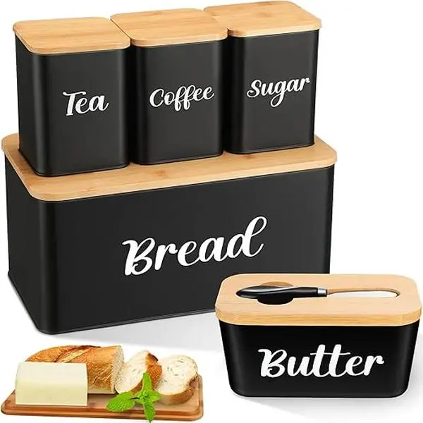 Metal Bread Box and Ceramic Butter Dish with 3 Airtight Kitchen Canisters Farmhouse Storage Canister Set for Kitchen with Bamboo Cutting Board Lid .