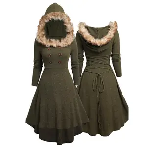 Women's Faux Fur-Lined Hooded Winter Dress - Stretchy Polyester-Spandex Blend, Front Short & Back Long, Adjustable Waistband, Olive Green Casual Elegant Long Sleeve Dress for Fall & Winter