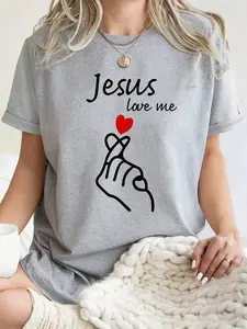 Womens Crew Neck Short Sleeve T Shirt Tops 3 Colours Available Jesus Loves Me Finger Heart Gesture Heart Graphic, Print Relaxed Fit Hide Tummy Slimming Soft Skin Friendly Breathable Lazy Style Versatile Essential For Daily Commute Travel