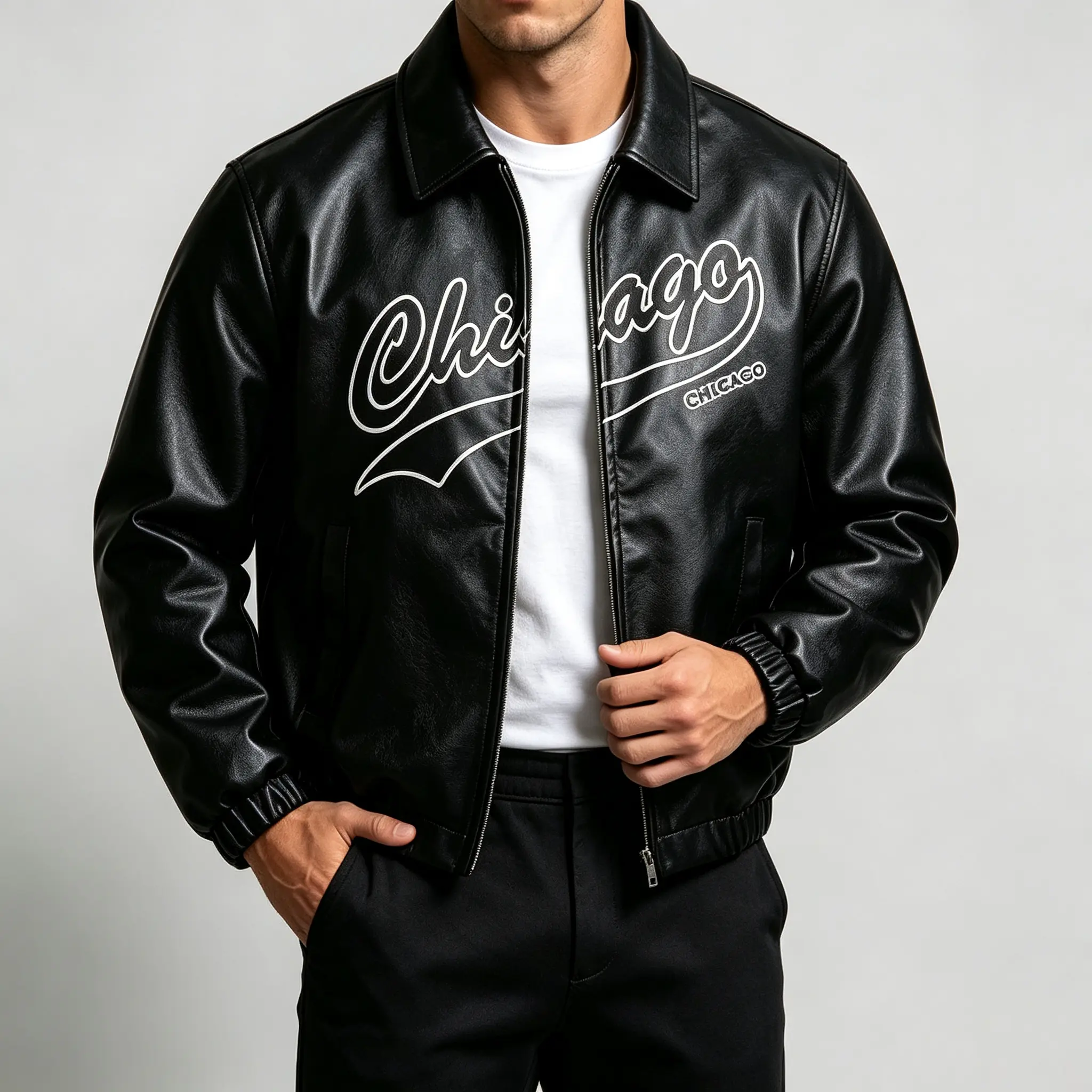 Men’s black faux leather aviator jacket for spring/autumn, Chicago letter print turn-down collar zip-up outerwear, retro street style windproof casual jacket