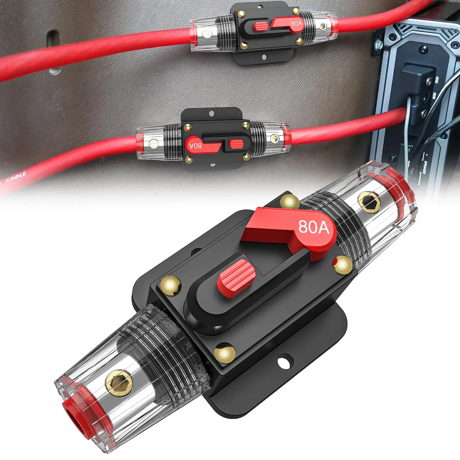 Nilight Alloy Inline Circuit Breaker Protector with Reset Button, 80A Rating, 12-24V DC Resettable Manual Reset, 3-15 AWG Fuse Holder, Overload Stop, Surface Mount for Car Audio, Trucks, Boats, Battery Charges, Marine‑Ready Seal
