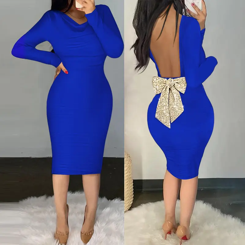 CHICME Women's Cowl Neck Long Sleeve Ruched Bodycon Dress/Cierra Glitter Dress/Summer Dress Sparkly Sequin Bowknot Decor Backless Midi Club Cocktail Wedding Guest Dresses Wedding Evening Formal Evening Formal